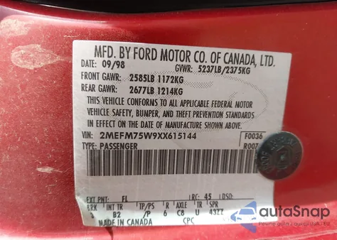 1999 Mercury Grand Marquis Ls from USA, damaged, VIN 2MEFM75W9XX615144